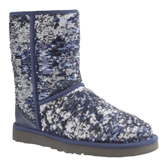 UGG | Navy Blue & Silver Reversible Sequin Classic Short Uggs - Picture 1 of 8